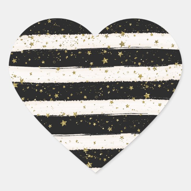 Black White Watercolor Stripes Gold Glitter Stars Heart Sticker (Front)