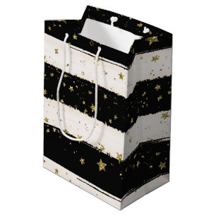 Black White Watercolor Stripes Gold Glitter Stars Medium Gift Bag