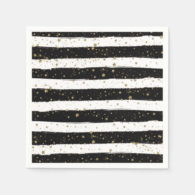 Black White Watercolor Stripes Gold Glitter Stars Napkin (Front)