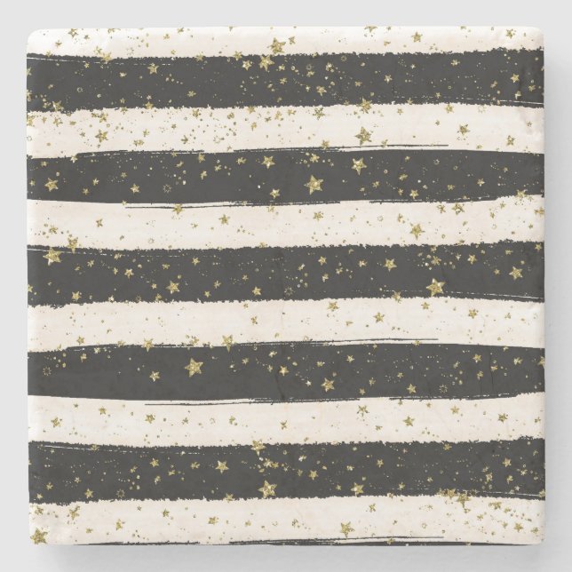 Black White Watercolor Stripes Gold Glitter Stars Stone Coaster (Front)