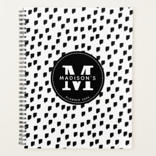 Black White Watercolor Stripes Monogram Planner