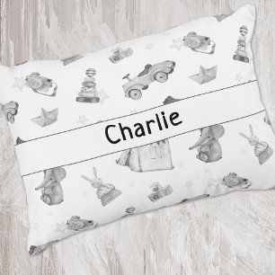 Black & White Watercolor Vintage Toys Pattern Decorative Cushion