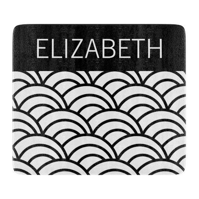 Black & White Wave Pattern Name Cutting Board (Front)