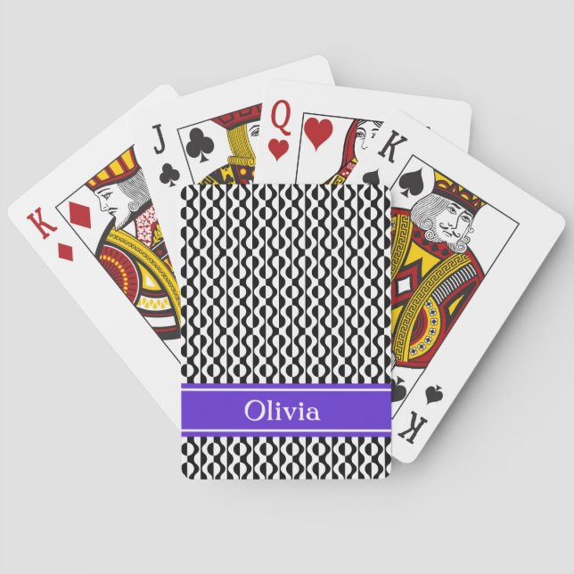 Black & White Waves Retro Pattern w/ Purple Band Playing Cards (Back)
