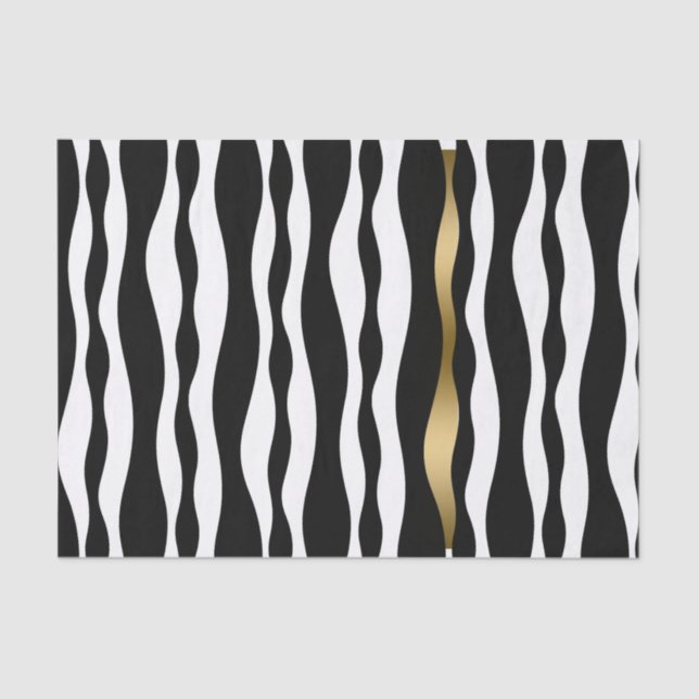Black & White Wavy Stripes Touch Of Gold Tissue Paper (Front)