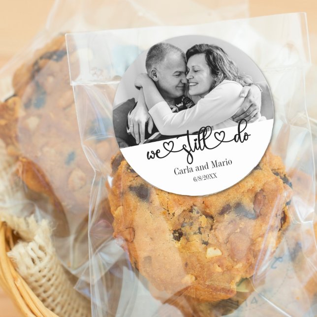 Black & White We Still Do Vow Renewal/Anniversary Classic Round Sticker (Black and White We Still Do Photo Sticker)