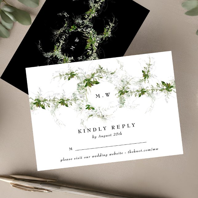 Black White Website | Eucalyptus Monogram Wedding RSVP Card (Creator Uploaded)