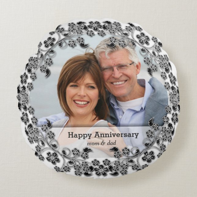 Black & White Wedding Anniversary with a photo Round Cushion (Front)