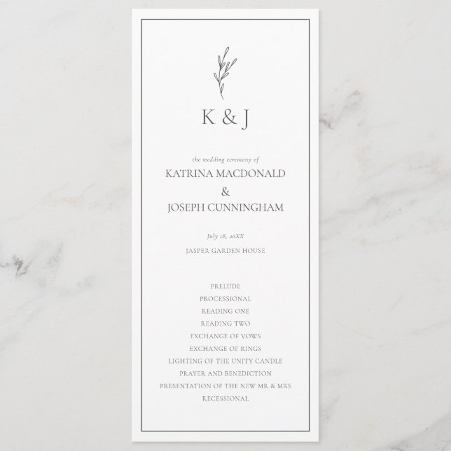 Black & White Wedding Ceremony Minimalist Elegant  Programme (Front)
