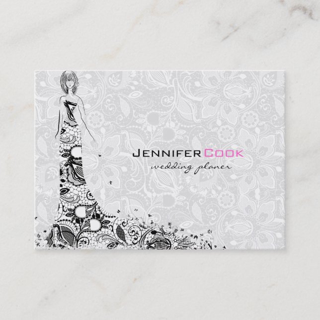 Black & White Wedding Dress & Vintage Lace Business Card (Front)