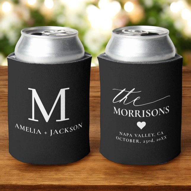 Black White Wedding Favour Monogram Name Heart Can Cooler (Creator Uploaded)