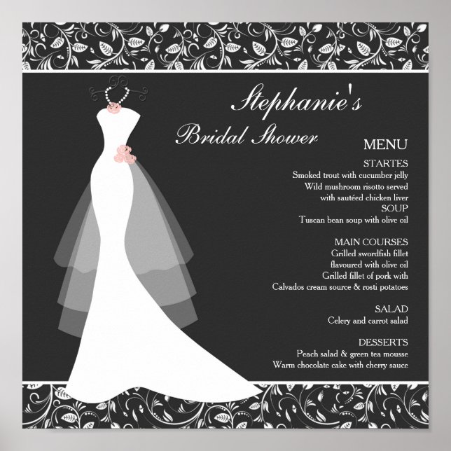 Black white wedding gown, damask Menu Poster (Front)