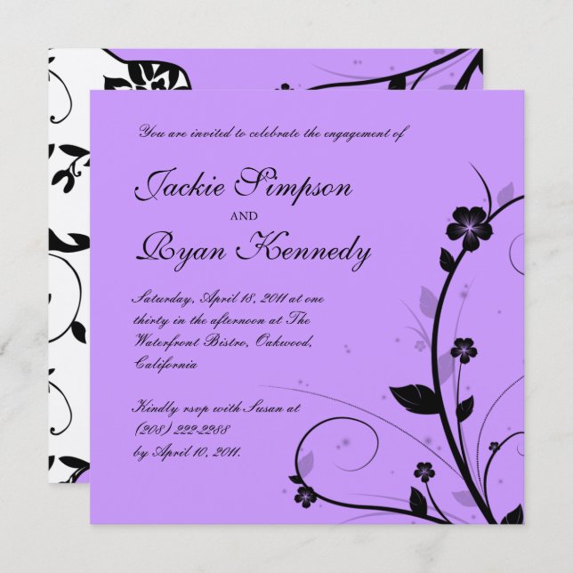 Black White Wedding Invite Floral Purple Silver (Front/Back)