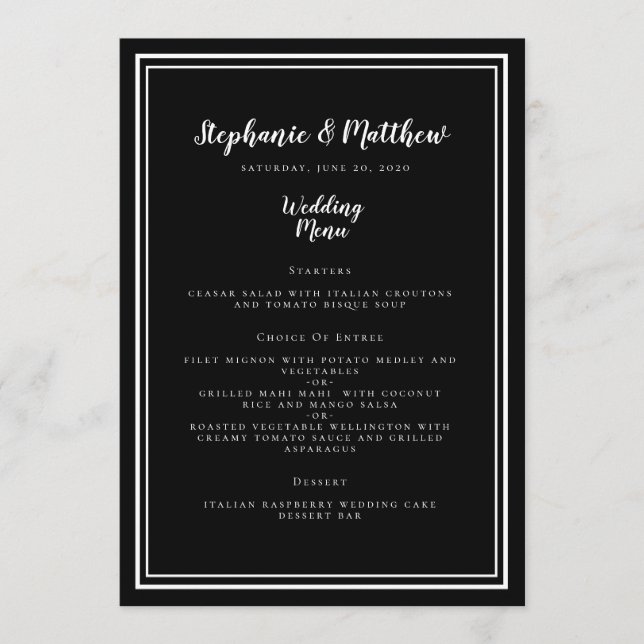 Black & White Wedding Menu Simple Framed Chic (Front)