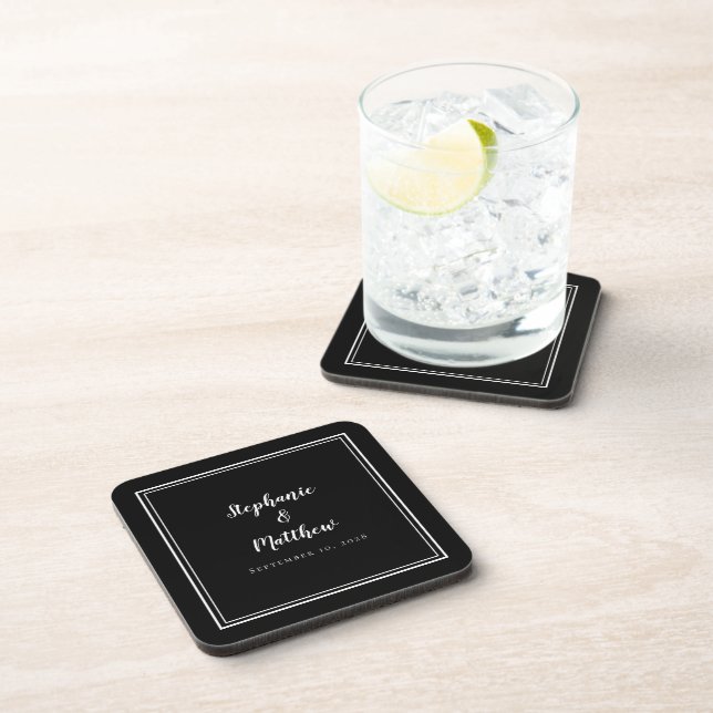 Black White Wedding Modern Minimalist Newlywed Coaster (Right Side)