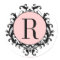 Black White Wedding Monogram R Damask Pink Label