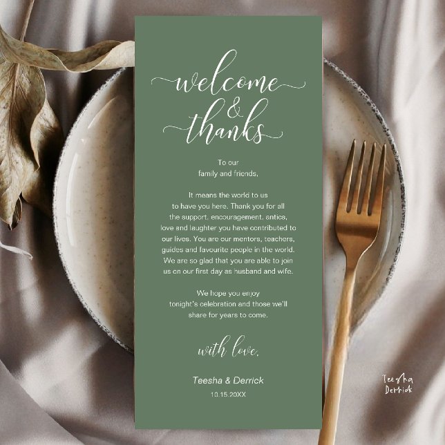 Black White Wedding Place Setting Thank You Card (Welcome and Thanks, Wedding Dinner Place Setting Thank You Card in Sage Green)