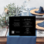 Black white wedding program details QR code<br><div class="desc">A modern,  elegant wedding details/program/timeline.  A black background. Personalise and add your names and wedding details. White coloured letters. 

Text on both sides.  Add your wedding website url to the QR code.

1 sheet = 1 program printed edge to edge.</div>