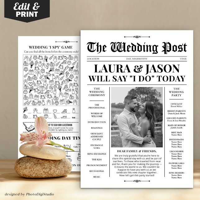 Black White Wedding Program + Timeline Newspaper Holiday Card (Black White Wedding Program + Timeline Newspaper)