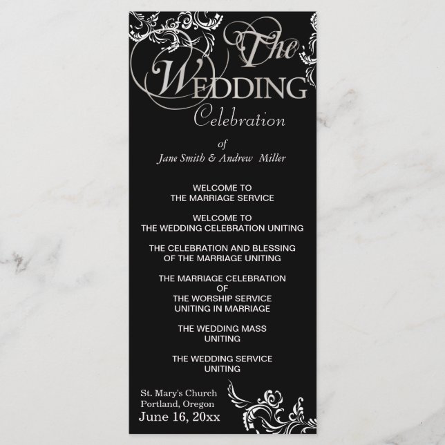Black & white wedding programs programme (Front)