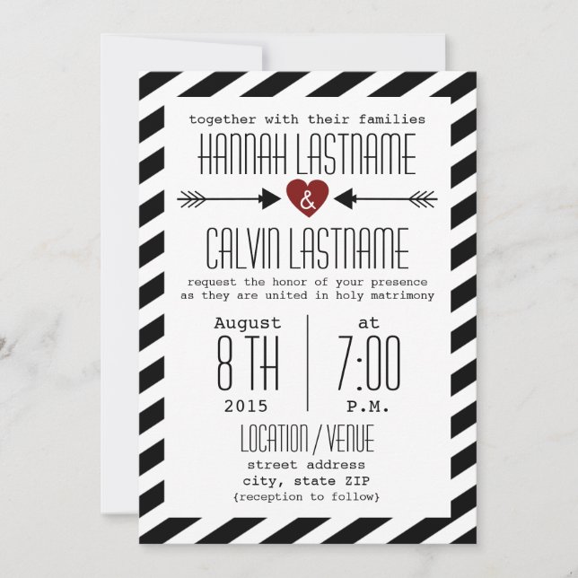 Black & White Wedding Stripes - Red Heart + Arrows Invitation (Front)