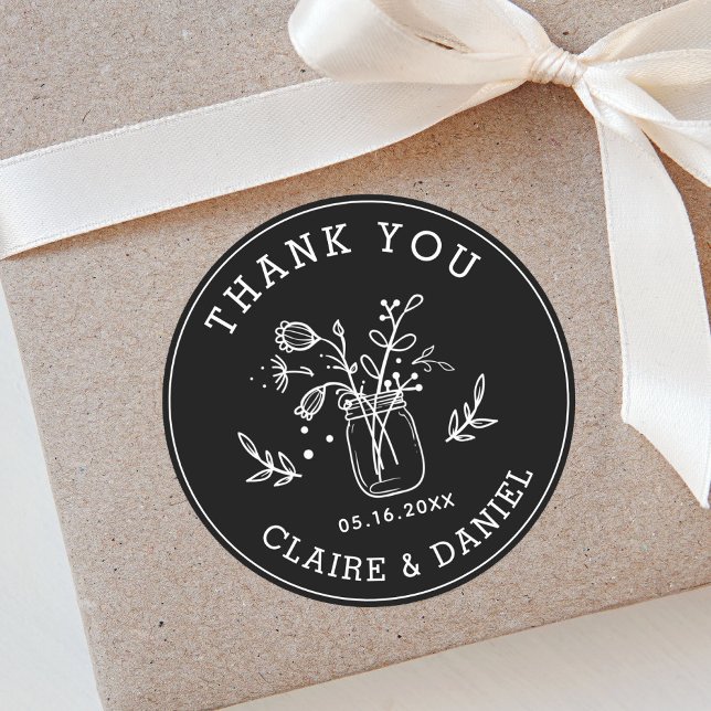 Black & White Wedding Thank You Mason Jar Flowers Classic Round Sticker (Creator Uploaded)