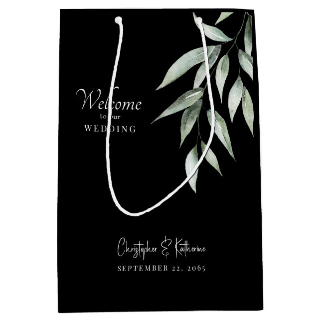 Black & White Wedding Welcome Foliage  Medium Gift Bag (Front)