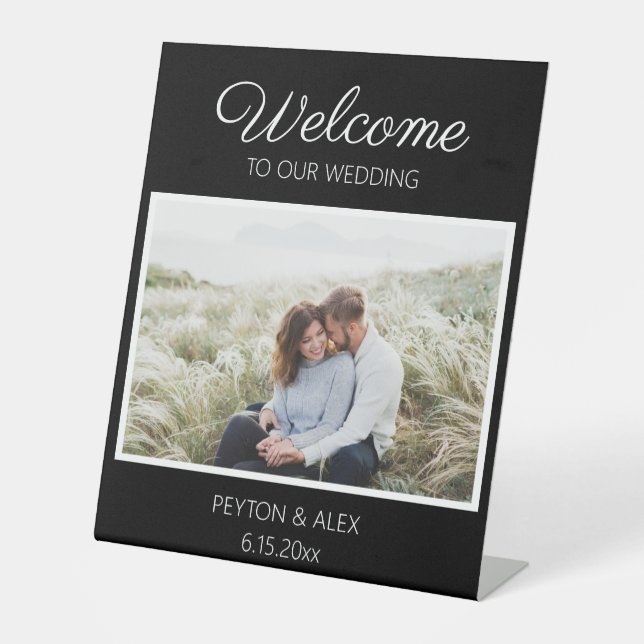Black White Wedding Welcome Names Photo Date Pedestal Sign (Front)