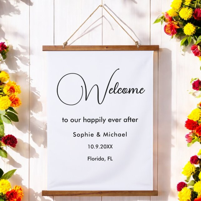 Black White Wedding Welcome Sign Hanging Tapestry (Creator Uploaded)