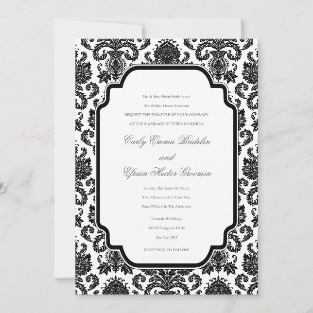 Black White Weddings Damask Customised Invitation (Front)