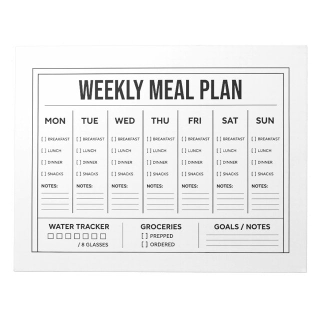 Black & White Weekly Meal Plan Notepad  (Front)