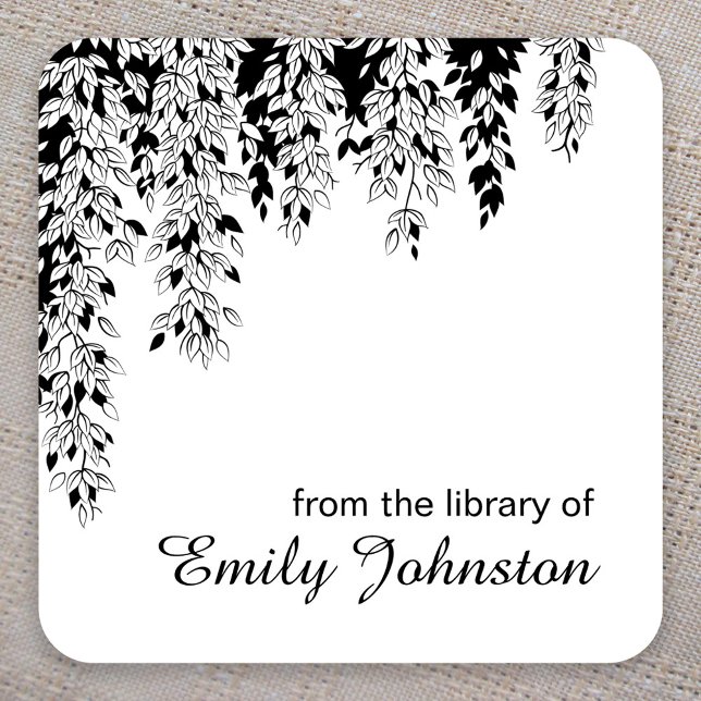 Black White Weeping Birch Tree Branch Bookplate Square Sticker (Creator Uploaded)