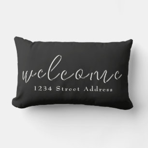 Black & White Welcome & Custom Address Script Lumbar Cushion