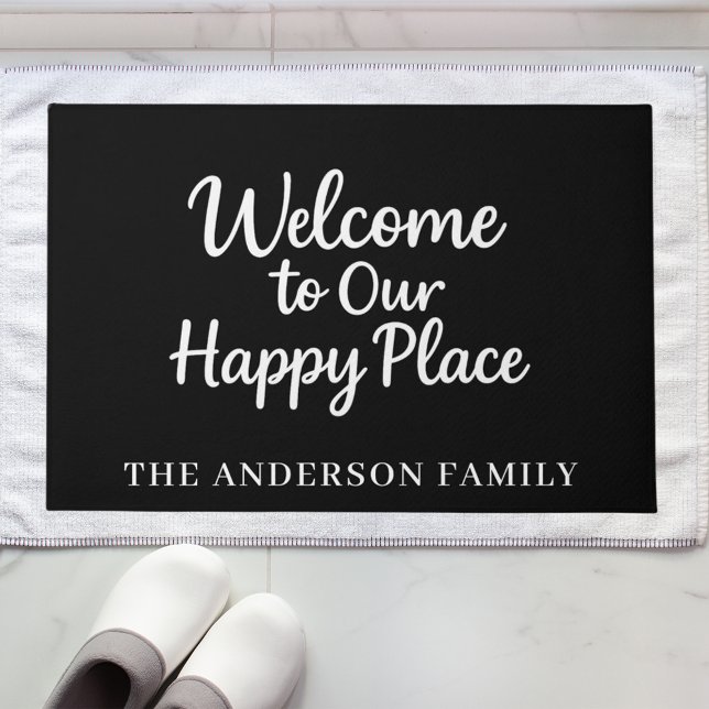 Black white welcome happy place family doormat (Creator Uploaded)
