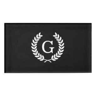 Black White Wheat Laurel Wreath Initial Monogram Name Tag