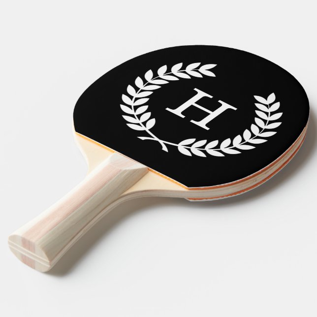 Black White Wheat Laurel Wreath Initial Monogram Ping Pong Paddle (Front Angle)