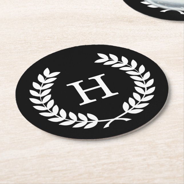 Black White Wheat Laurel Wreath Initial Monogram Round Paper Coaster (Angled)