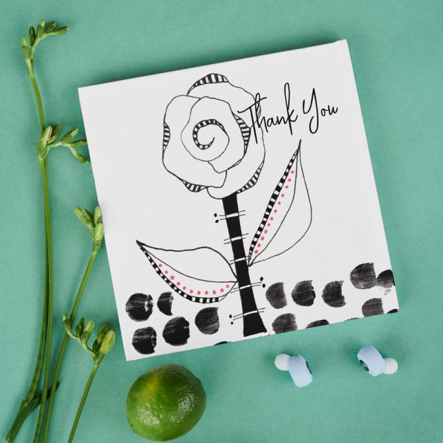 Black White Whimsical Flower Editable Thank You Card (Creator Uploaded)