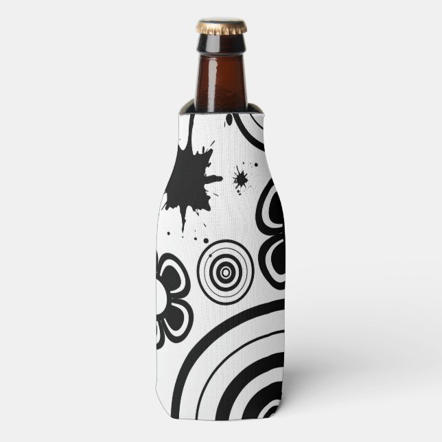 Black & White Whimsical Flowers, Circles, Splatter Bottle Cooler (Bottle Front)