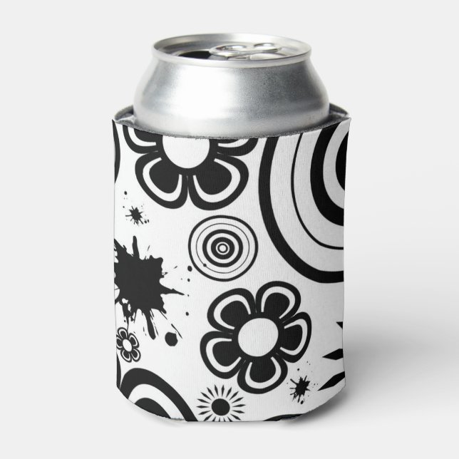 Black & White Whimsical Flowers, Circles, Splatter Can Cooler (Can Front)