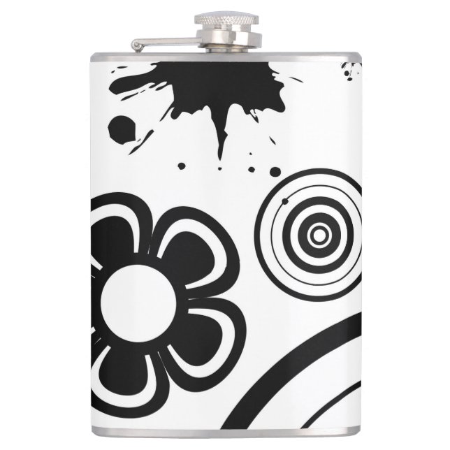 Black & White Whimsical Flowers, Circles, Splatter Hip Flask (Front)