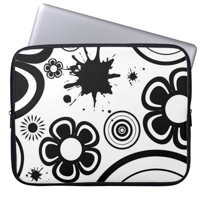 Black & White Whimsical Flowers, Circles, Splatter Laptop Sleeve (Front)