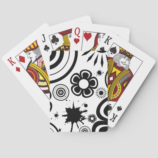 Black & White Whimsical Flowers, Circles, Splatter Playing Cards (Back)