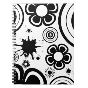 Black & White Whimsical Flowers, Circles, Splatter Spiral Notebook