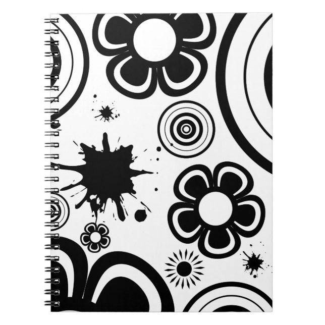 Black & White Whimsical Flowers, Circles, Splatter Spiral Notebook (Front)
