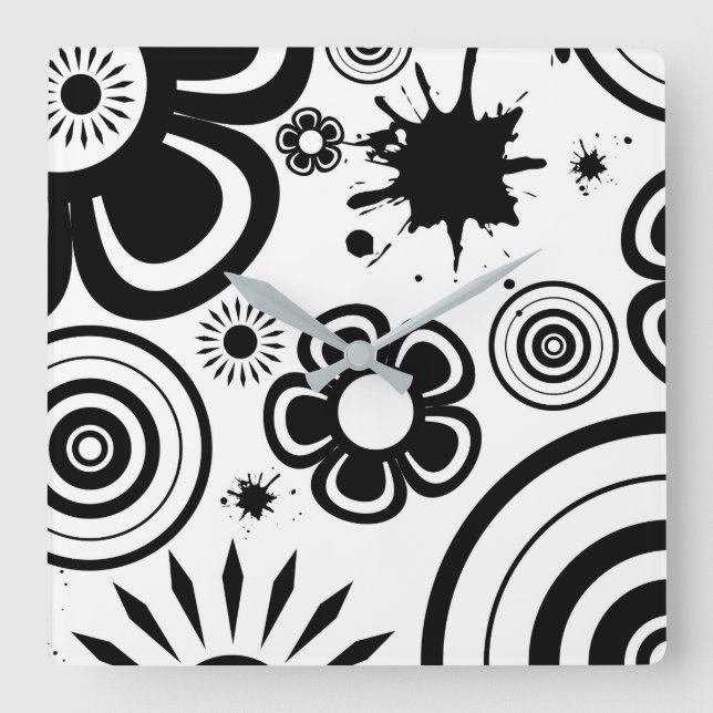 Black & White Whimsical Flowers, Circles, Splatter Square Wall Clock (Front)