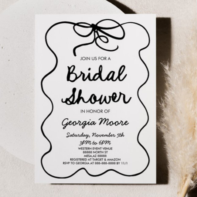 Black White Whimsical Hand Drawn Bow Bridal Shower Invitation (Creator Uploaded)