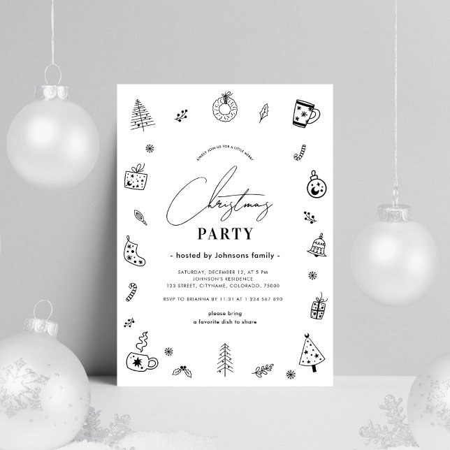 Black White Whimsical Scandinavian Christmas Party Invitation (Creator Uploaded)