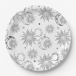 Black & White Whimsical Sun Celestial Birthday Paper Plate