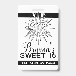 Black White Whimsical Sun Celestial Birthday VIP  ID Badge